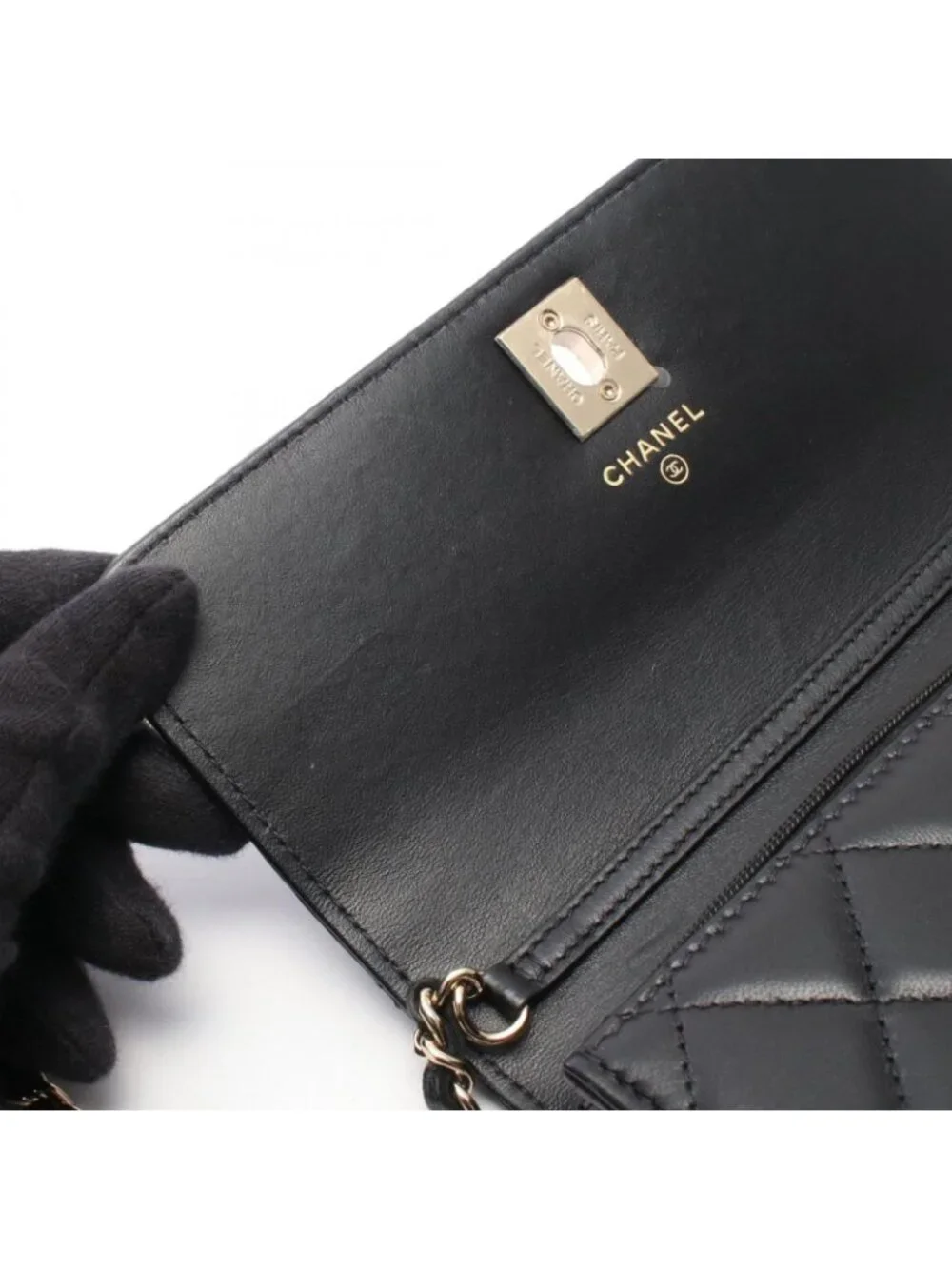 Chanel Shoulder Bag Quilted Chain Wallet Black Lambskin